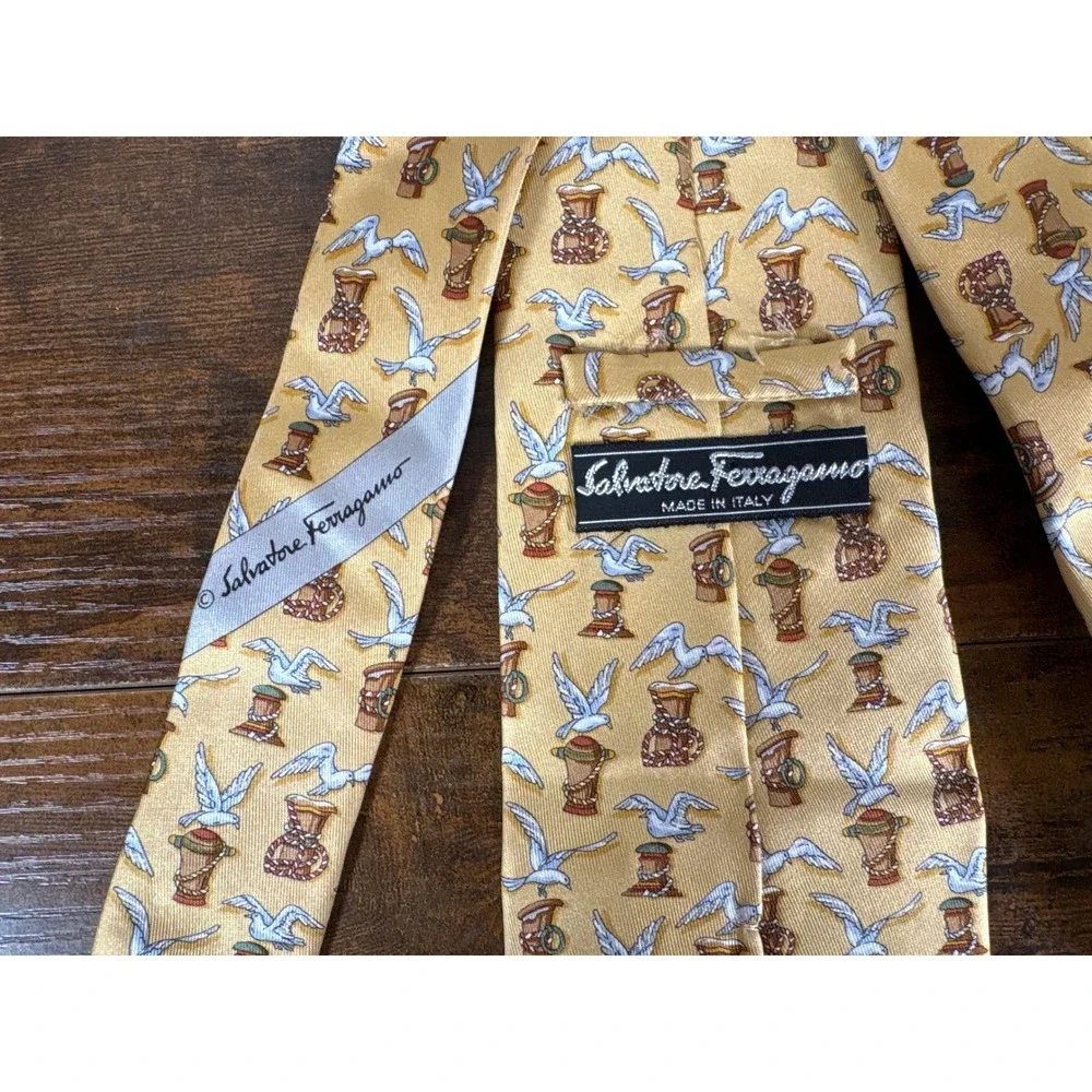 Salvatore Ferragamo Mens Yellow Silk Nautical Seagull Anchor Tie Made in Italy